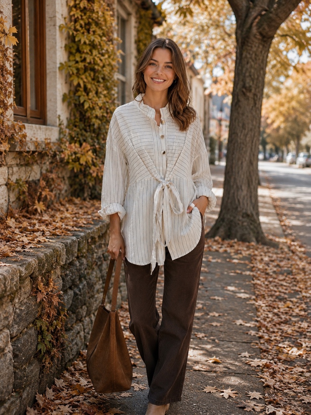 Fate Cream Striped Tie-Front Button Down Shirt